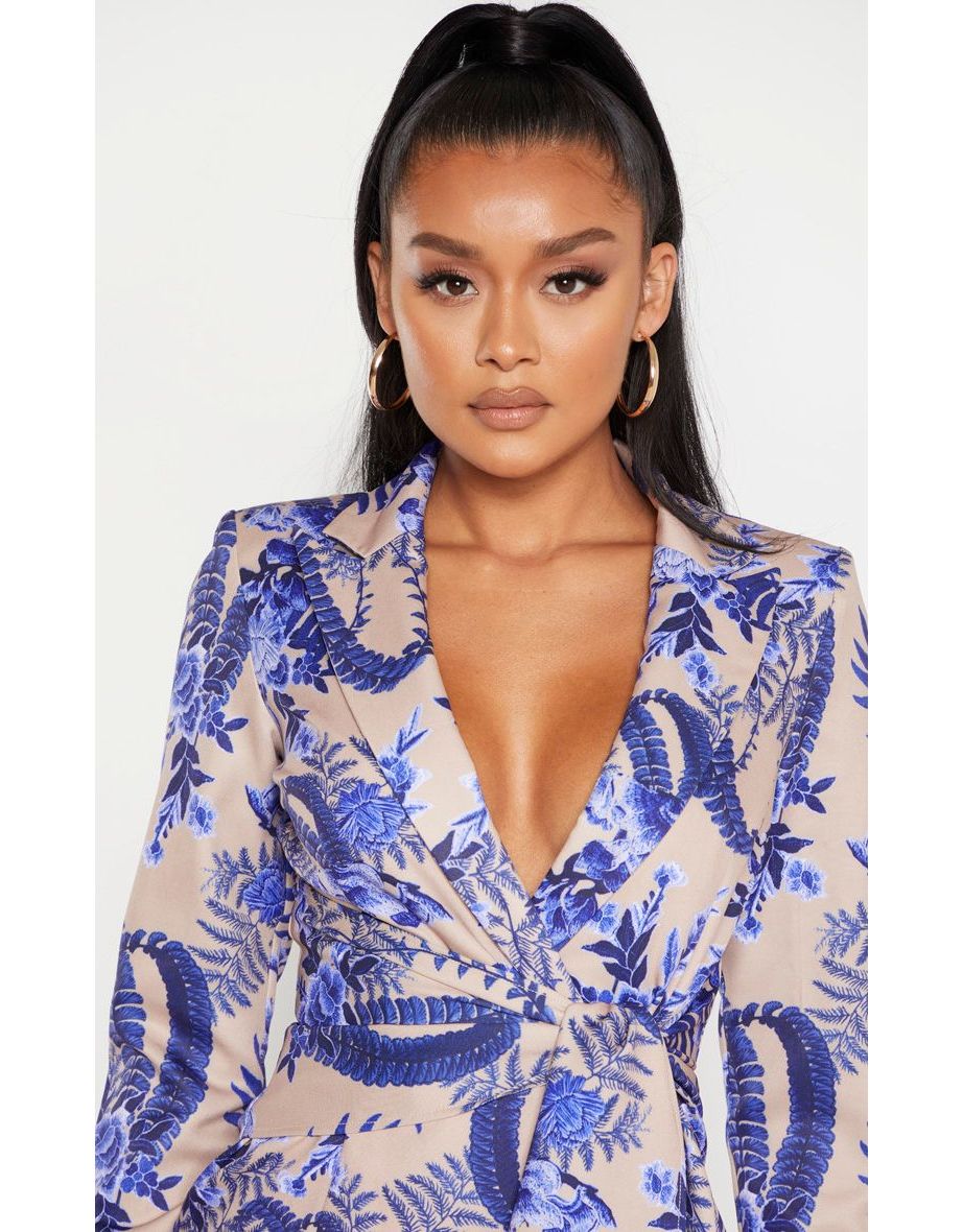Nude Floral Wrap Detail Blazer Dress - 4