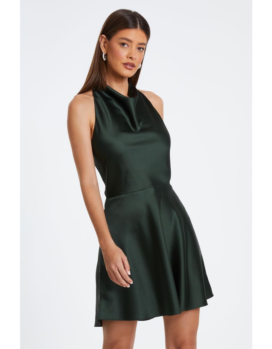 Dark Green Satin High Neck Mini Skater Dress