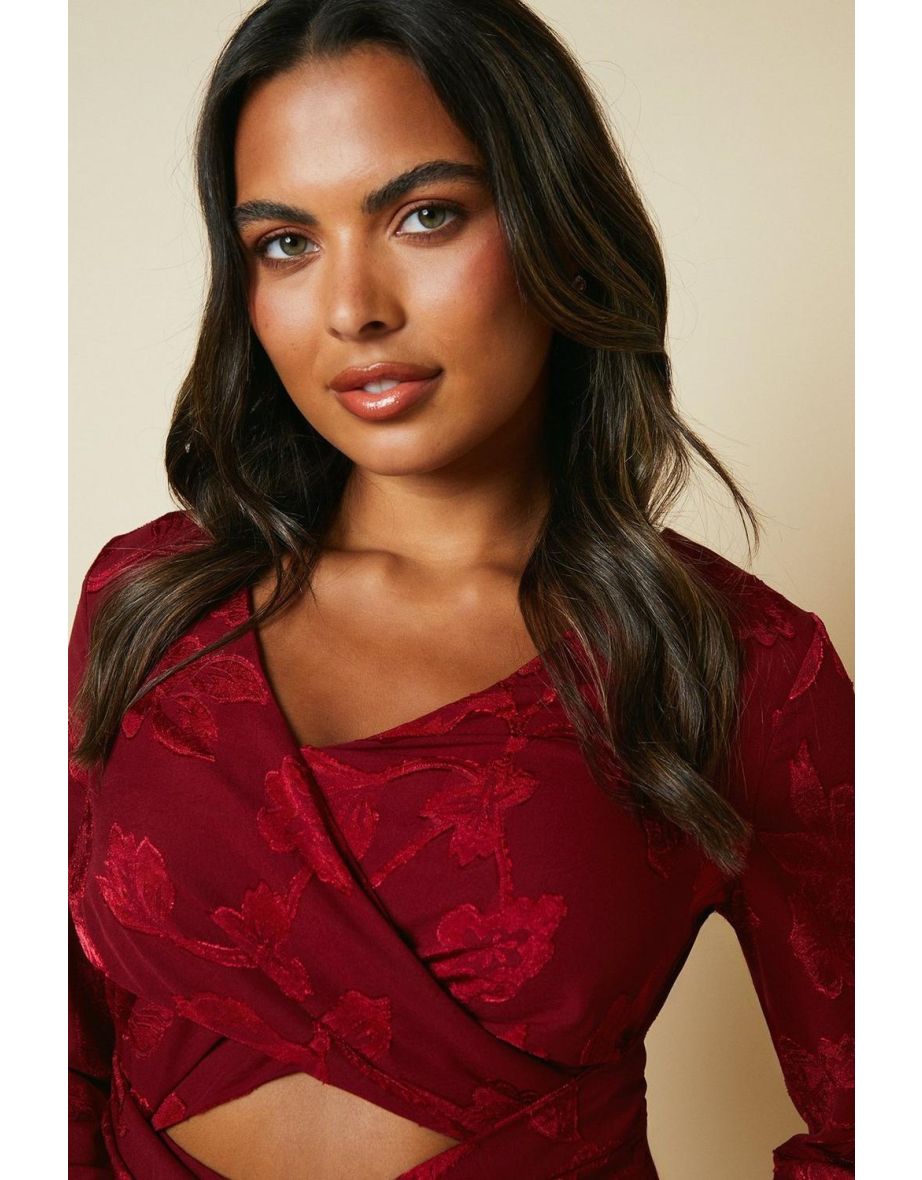 Debut London By Coast Long Sleeve Wrap Waist Satin Jacquard Midaxi Dress - red - 3
