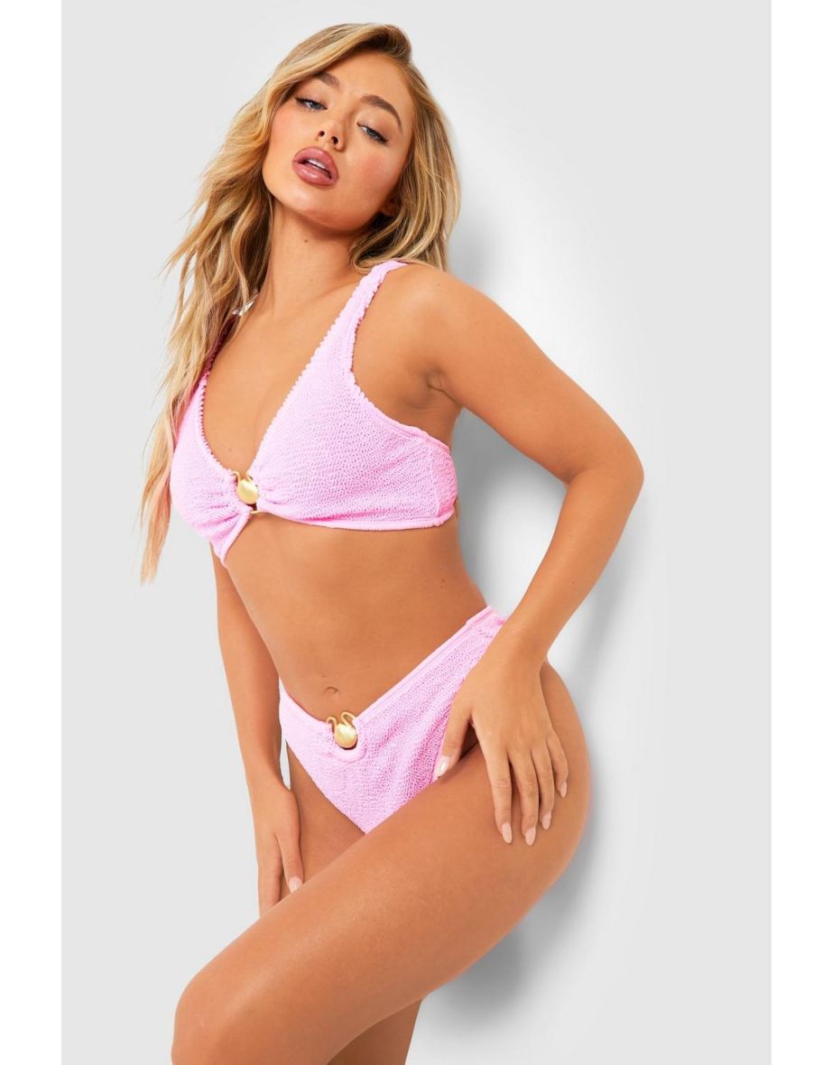 Shell Trim Crinkle High Waist Bikini Brief - candy pink