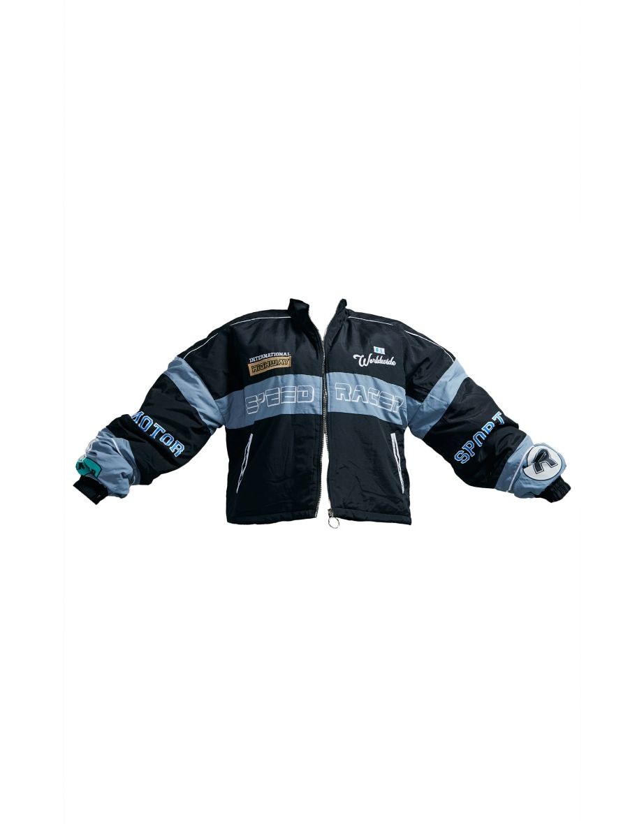 Plus Black Oversized Slogan Zipped Racer Bomber Jacket - 4