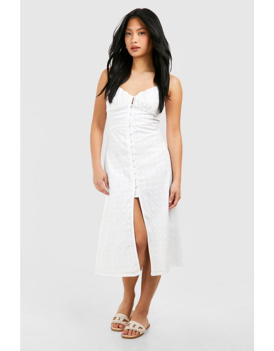Petite Broderie Button Detail Midi Dress - white