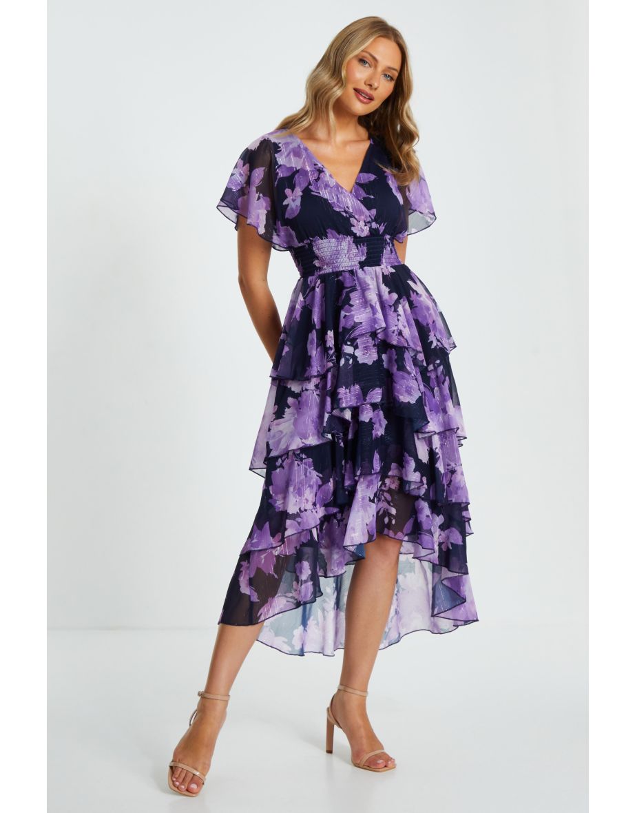 Boutique lo floral satin ruffle dip hem dress hotsell