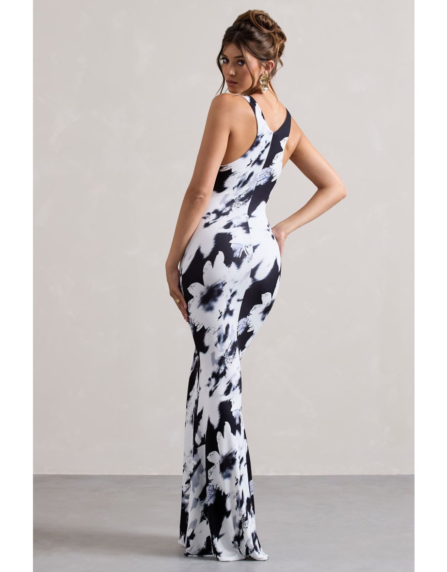 Mahina | Monochrome Floral Print Square-Neck Floor Dress - 4