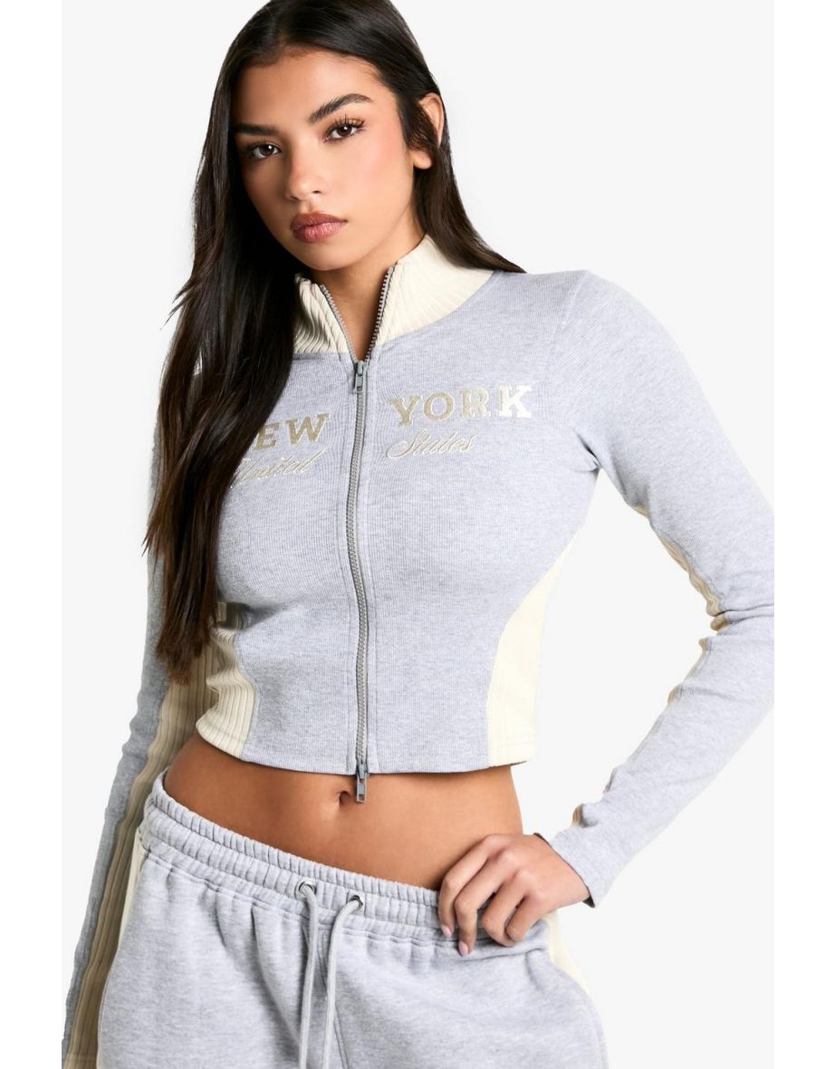 Slogan side stripe fitted zip through and straight leg tracksuit - grey marl - 3