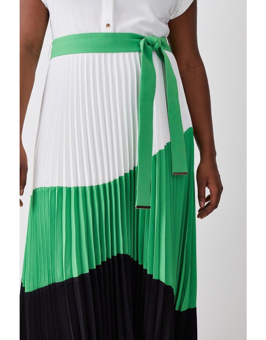 Plus Size Colour Block Pleated Woven Midi Shirt Dress - 2
