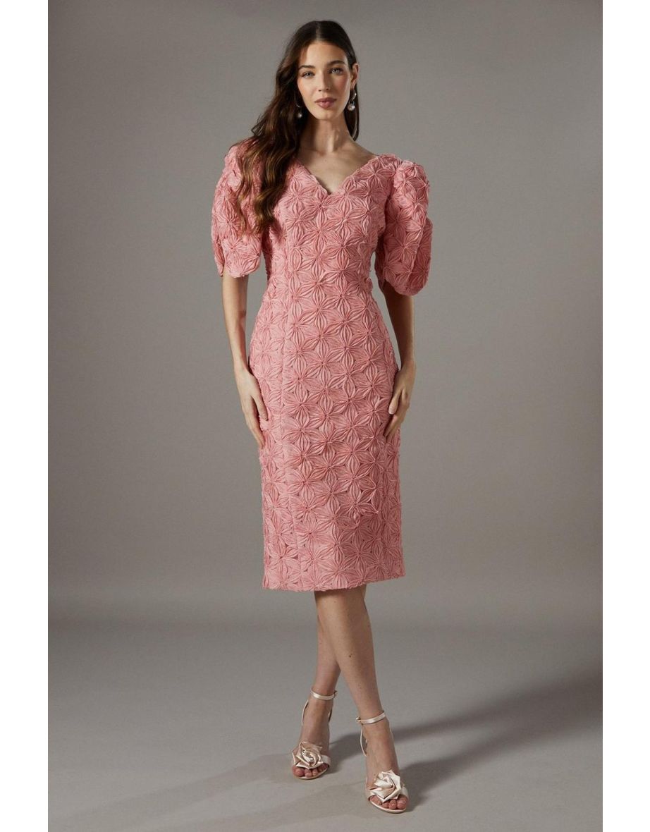 Floral Pleated Sleeve Pencil Dress