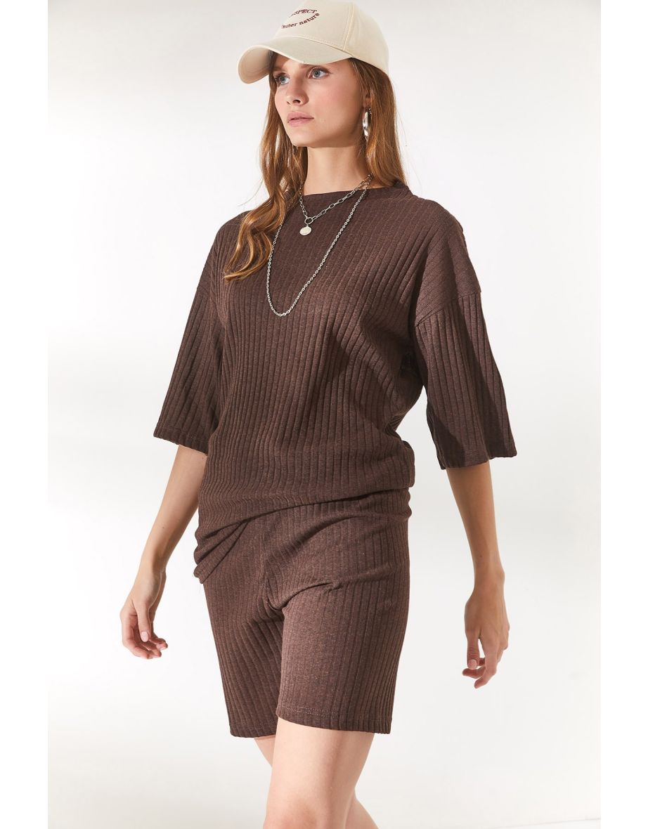 Women's Bitter Brown Bottom Short Leggings Top Loose Blouse Suit