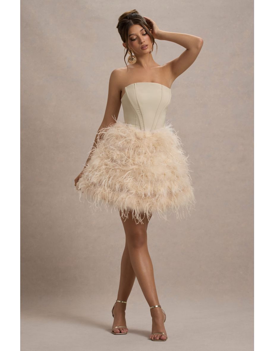 Peaches | Champagne Strapless Mini Dress With Volume Feather Hem - 6