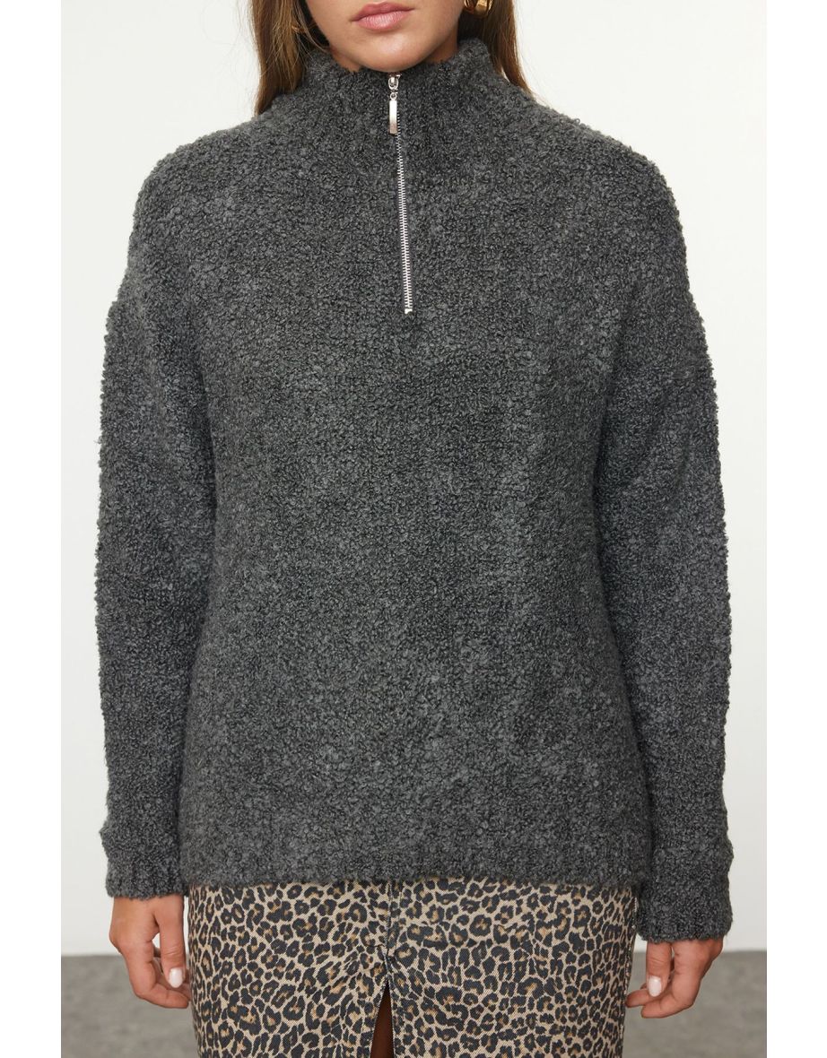 Anthracite Boucle Yarn Stand Collar Knitwear Sweater - 4