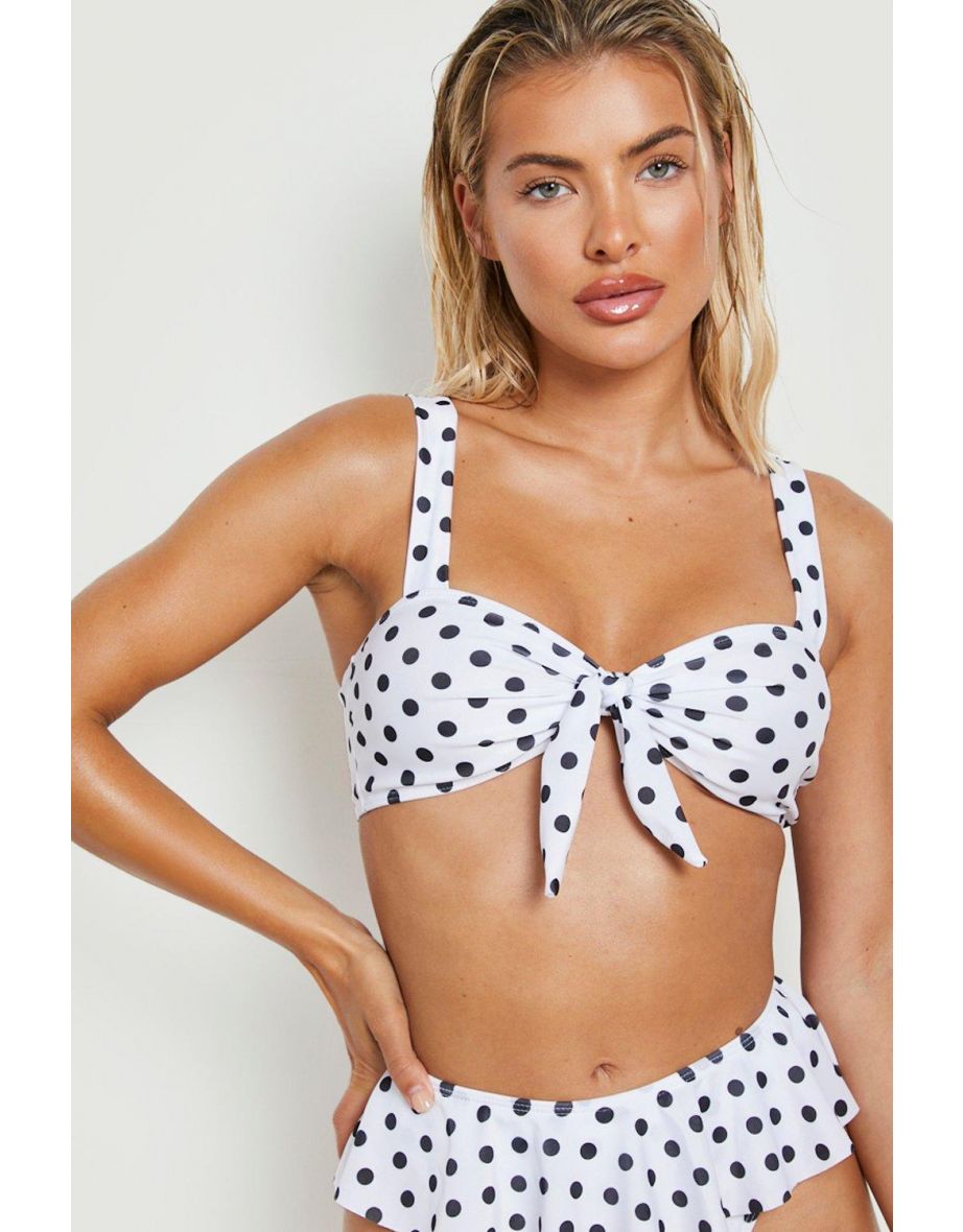 Polka Dot Knot Strappy Bandeau Bikini Top - white