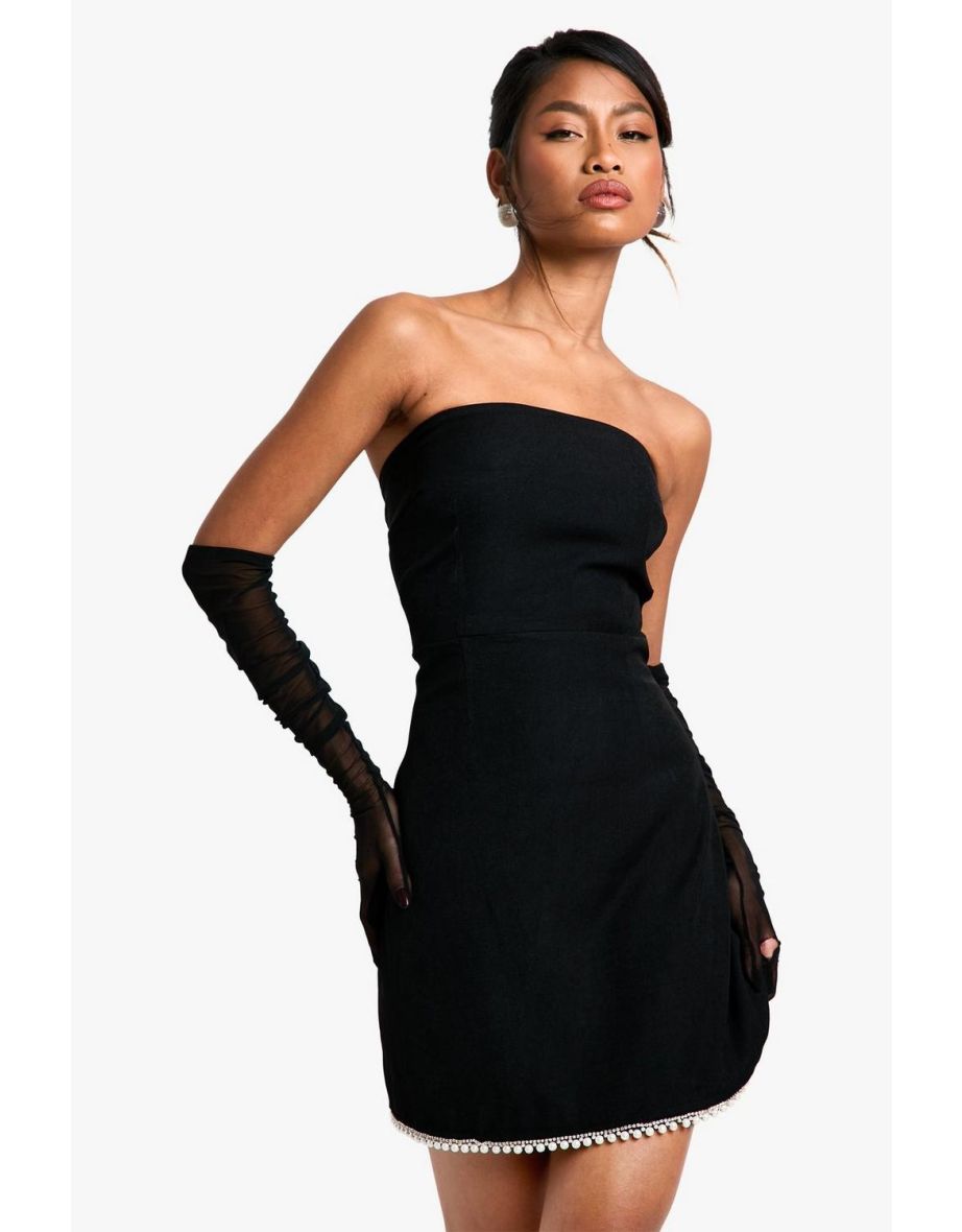 Woven Crepe Pearl Trim Bandeau Mini Dress - black