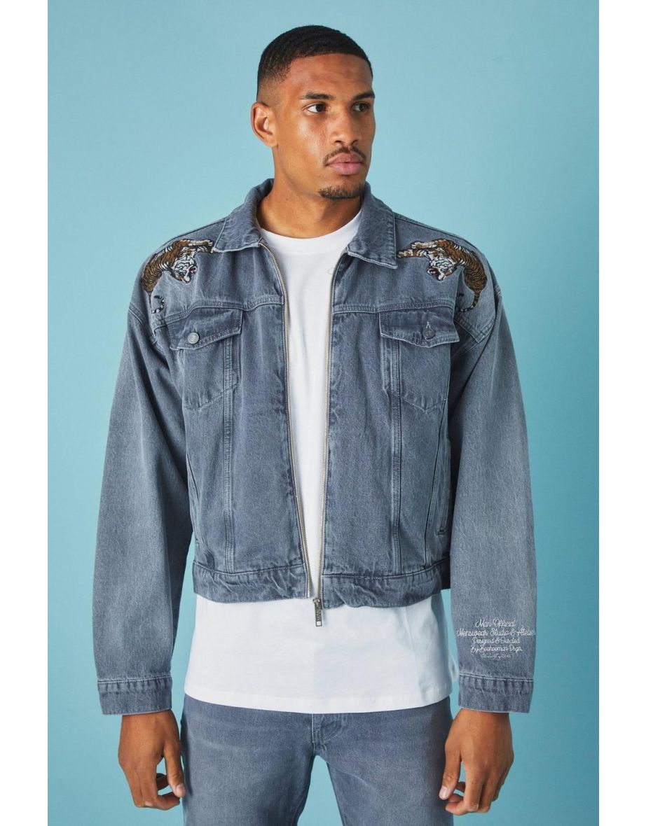 Tall Boxy Fit Tiger Applique Denim Jacket - grey