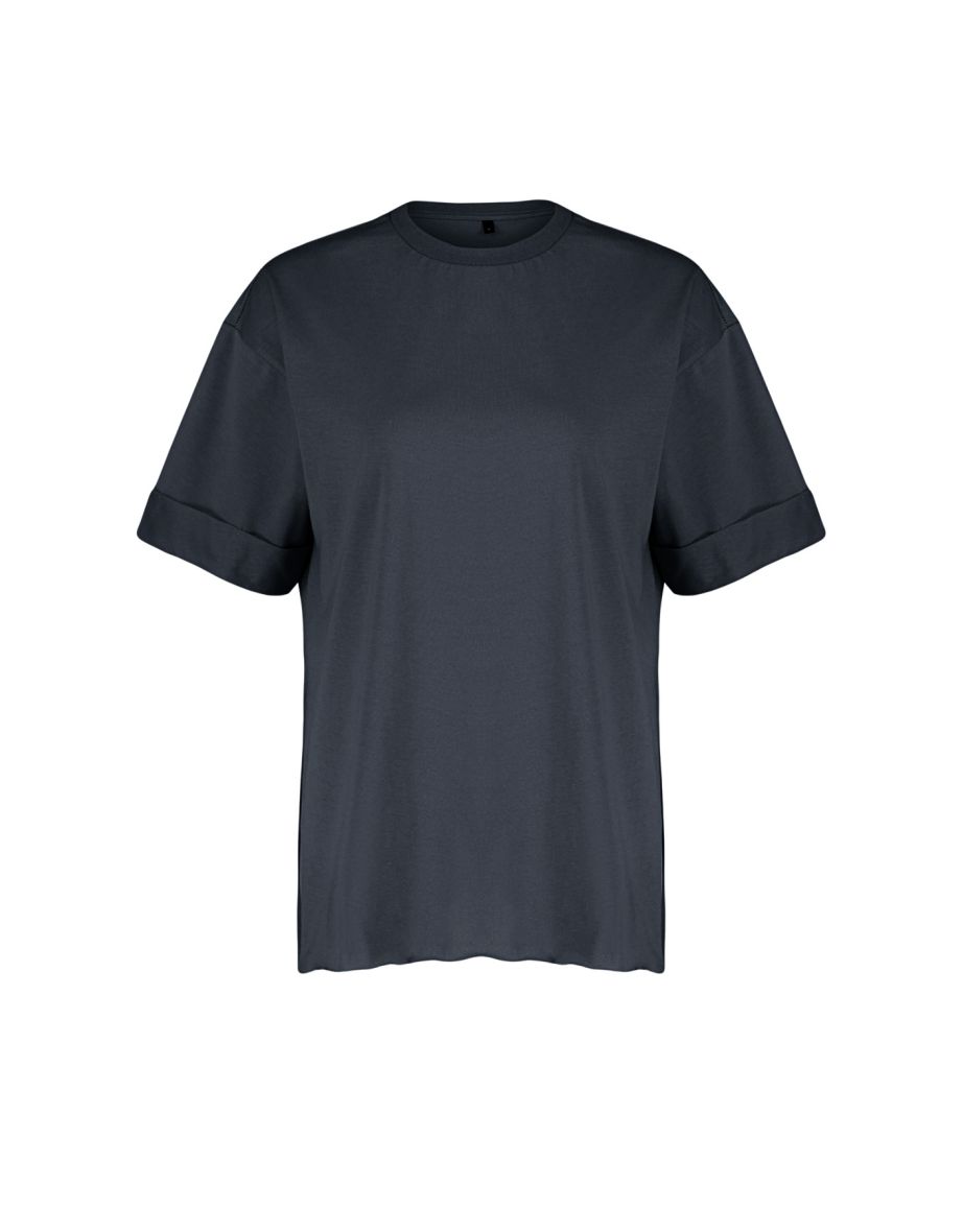 Anthracite 100% Cotton Double Sleeve Asymmetric Boyfriend Knitted T-Shirt - 7
