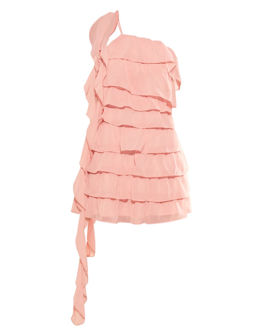 Dusty Pink Chiffon Layered Tie Neck Drape Mini Dress - 4