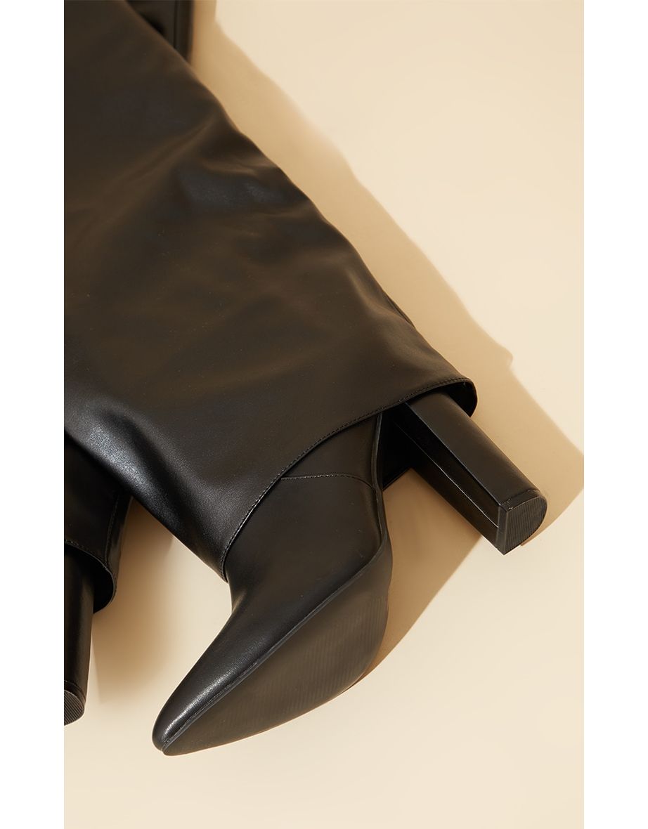 Black Wide Fit Pu Pointed Fold Over Block Heel Knee Boots - 3
