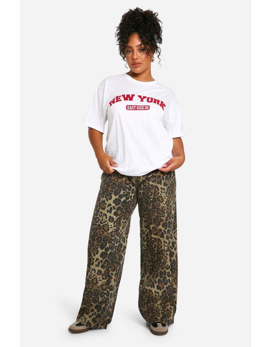 Plus Leapord Print Denim Wide Leg Jean - brown