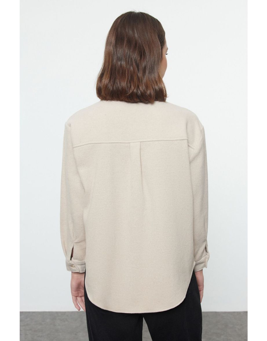 Beige Cashmere Oversize Wide Pattern Woven Shirt - 4