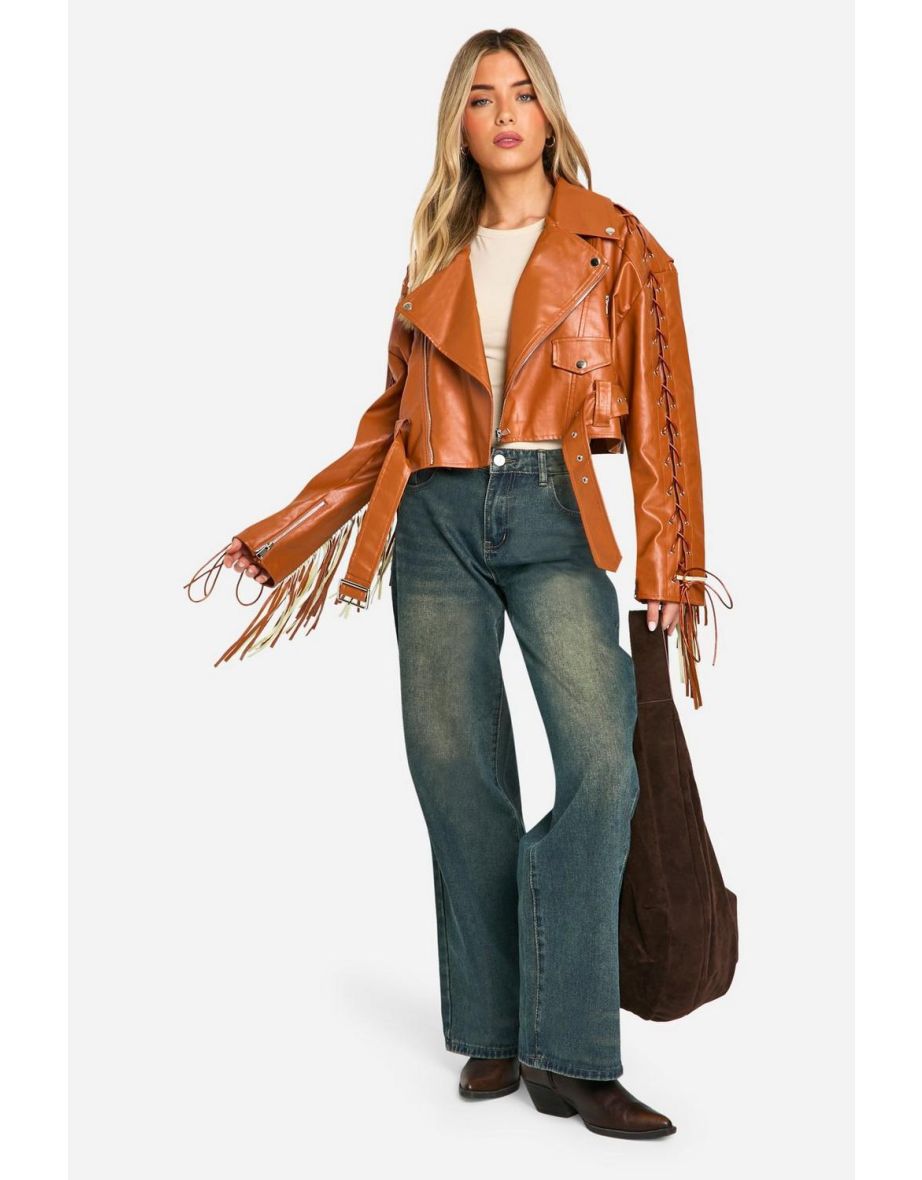 Fringe Detail Belted Faux Leather Biker Jacket - tan