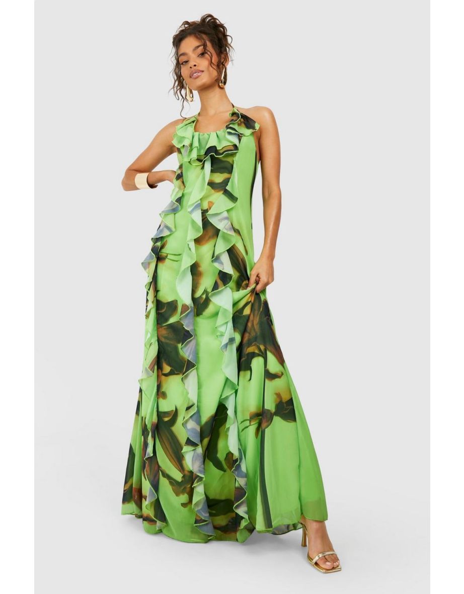 Printed Chiffon Ruffle Maxi Dress - green