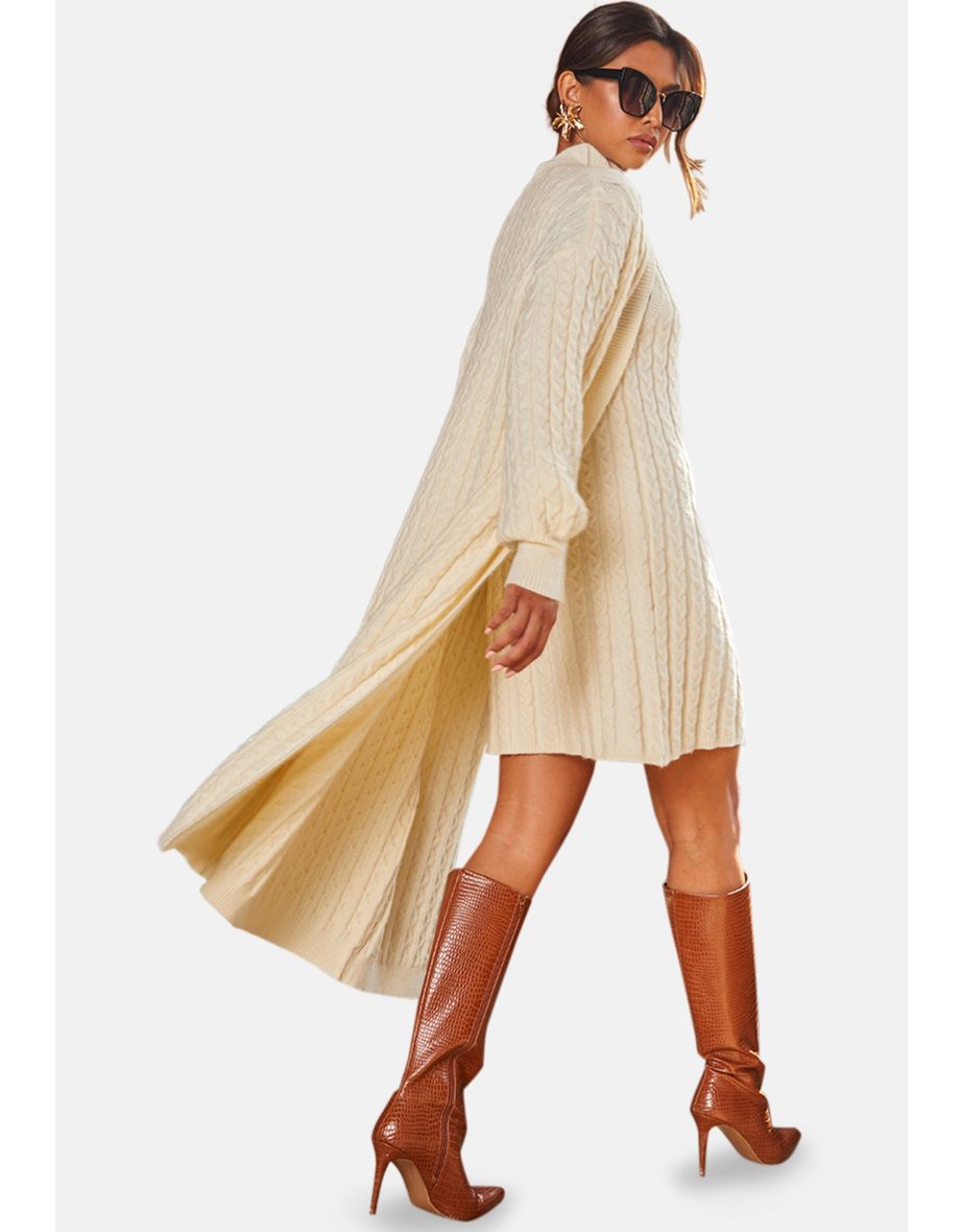 All-Over Knitted Cable Longline Cardigan in Cream - 7