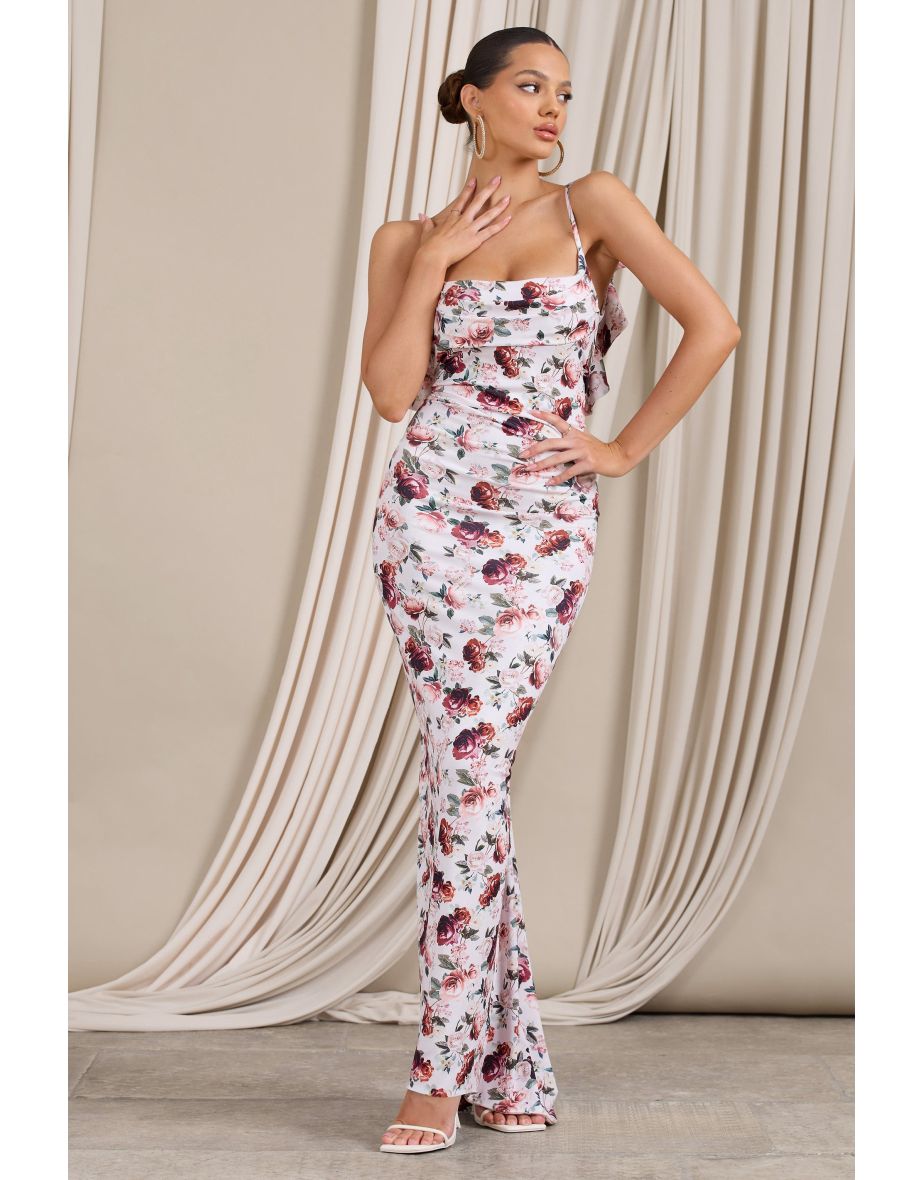 Flute | White Floral Bodycon Maxi Dress With Ruched Ruffled Back - 4