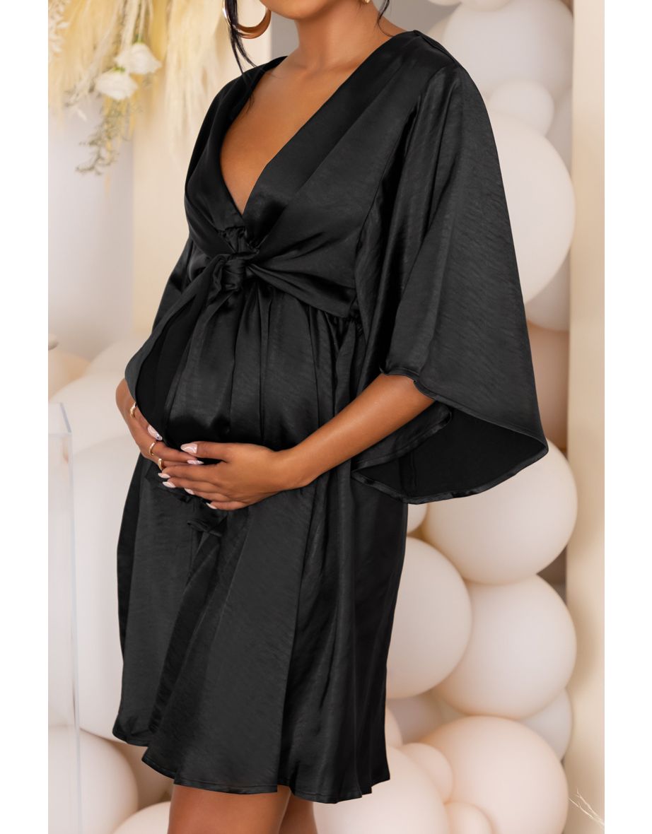 Black Maternity Tie Front Angel Sleeve Mini Dress - 4