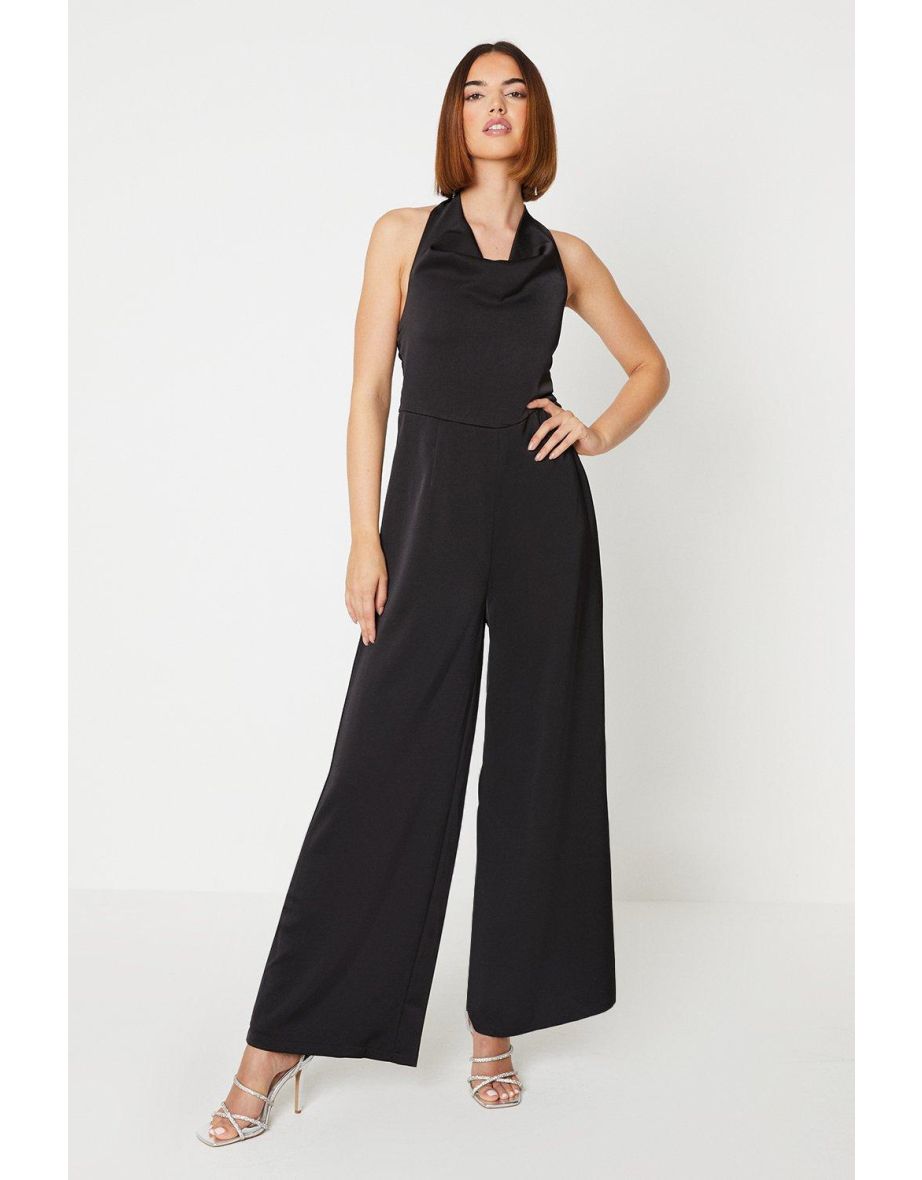 Satin Cowl Neck Tie Neck Jumpsuit - 3