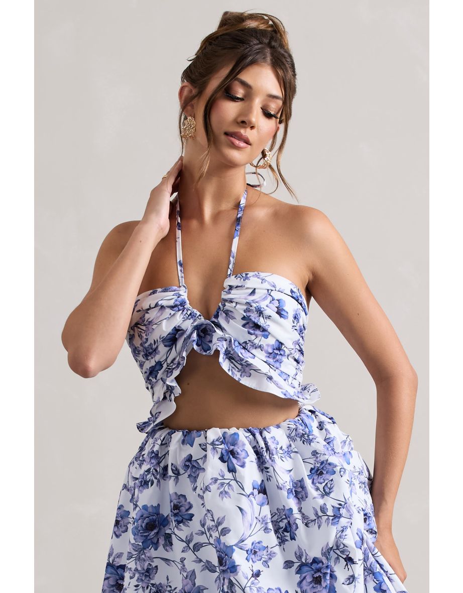 Roam | Floral Print Halter V-Neck Ruffle Crop Top - 3