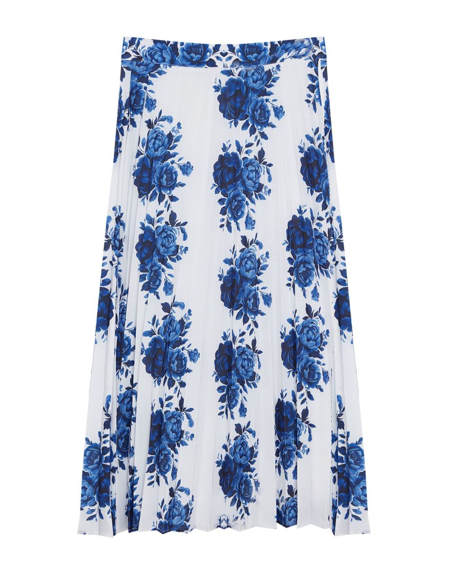 Navy Blue Woven Rose Pattern Pleated Skirt - 6