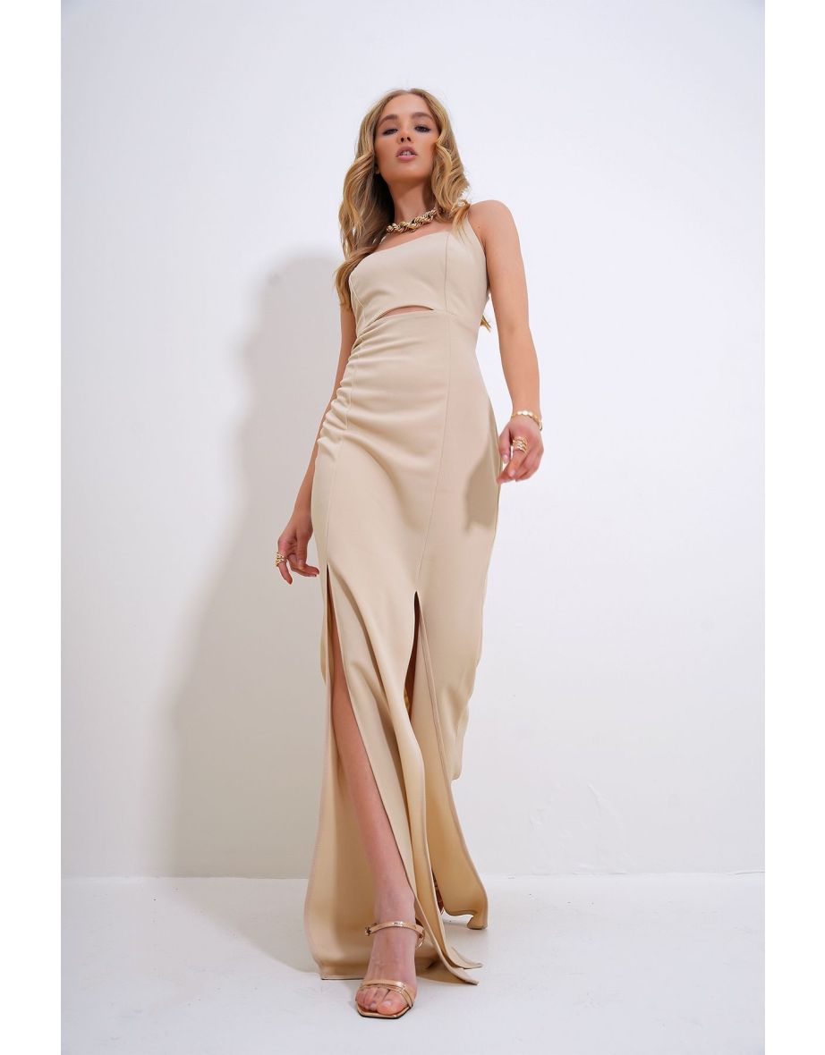 Women's Beige Adjustable Strap Out Cut Slit Graduation Dress