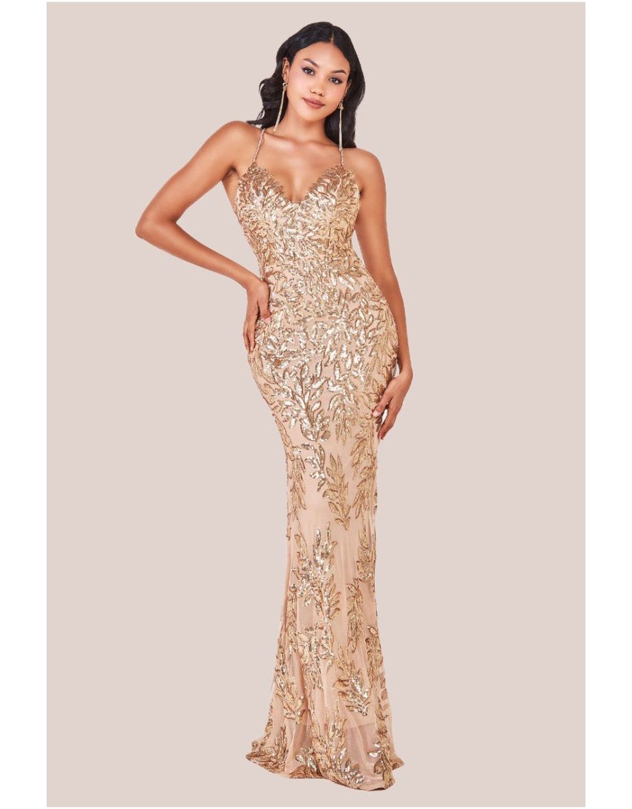 Goddiva Cross Back Diamante Strap Sequin Maxi - Gold