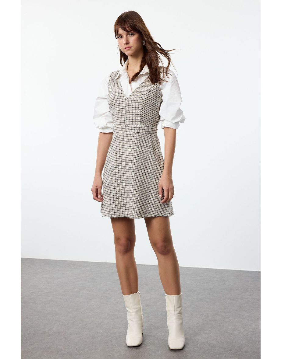 Beige Plaid / Checked Gilet Mini Woven Dress