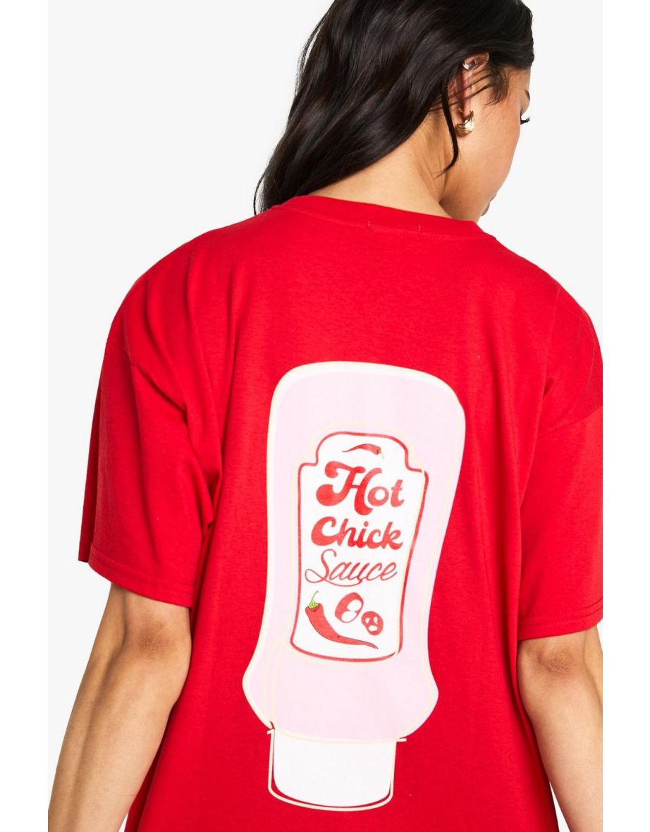 Hot Chick Sauce Back Print Oversized T-Shirt - red - 3