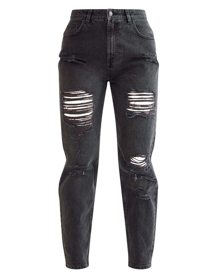 PRETTYLITTLETHING Washed Black Distressed Mom Jeans - 4