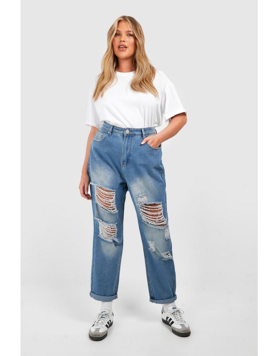 Plus All Over Ripped Mom Jeans - blue