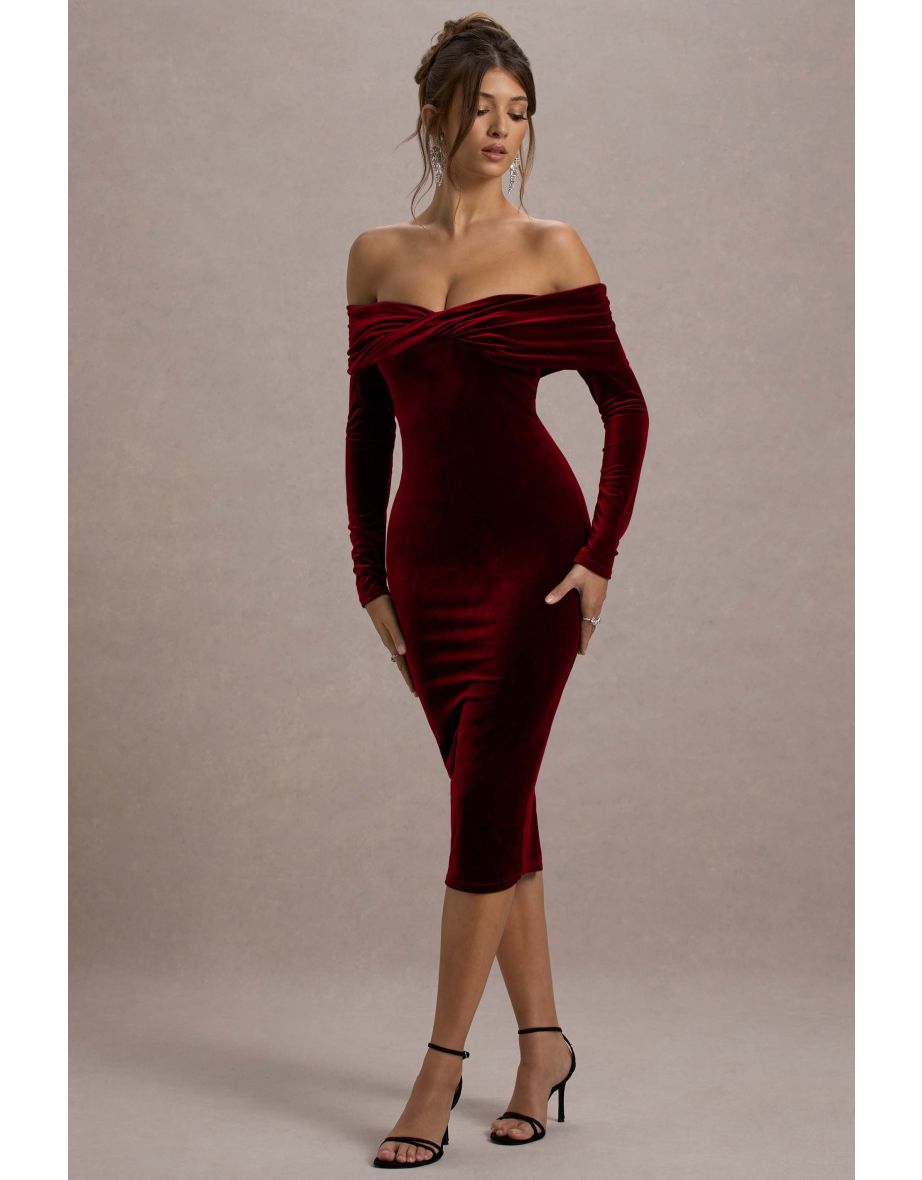 Compliment | Berry Velvet Bardot Midi Dress