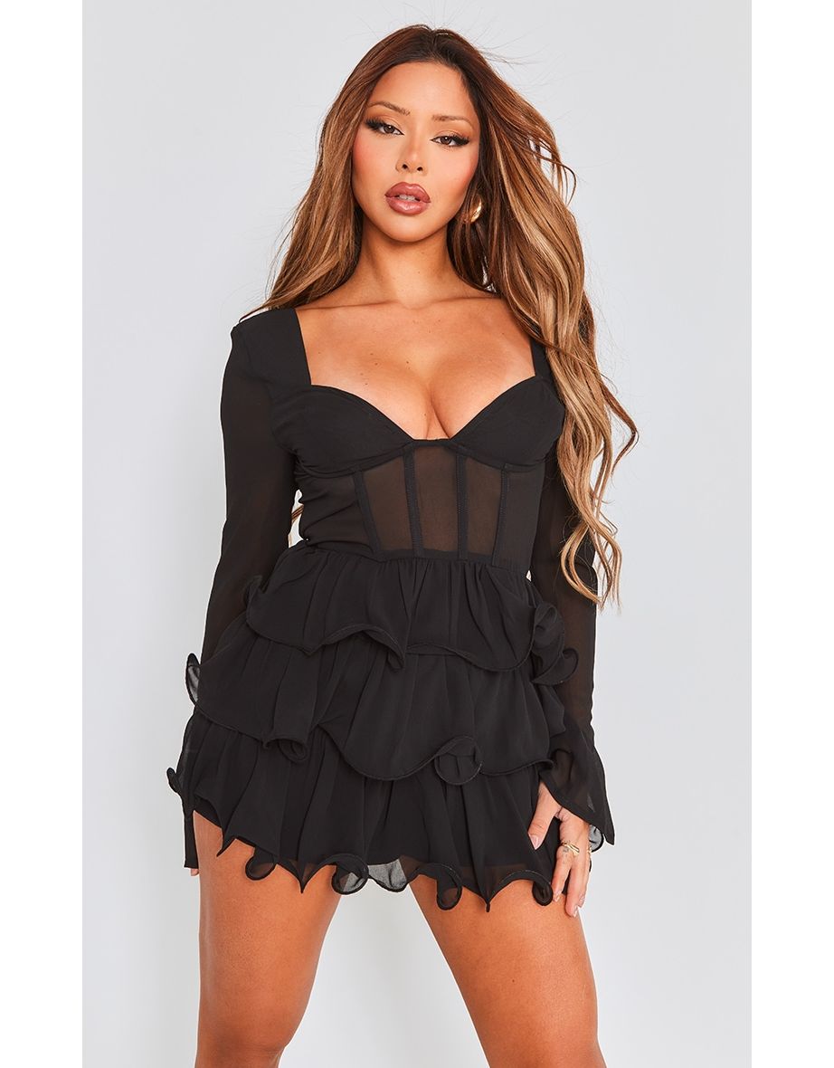 Shop Black Frill Detail Sheer Panel Long Sleeve Playsuit Online in Oman VogaCloset