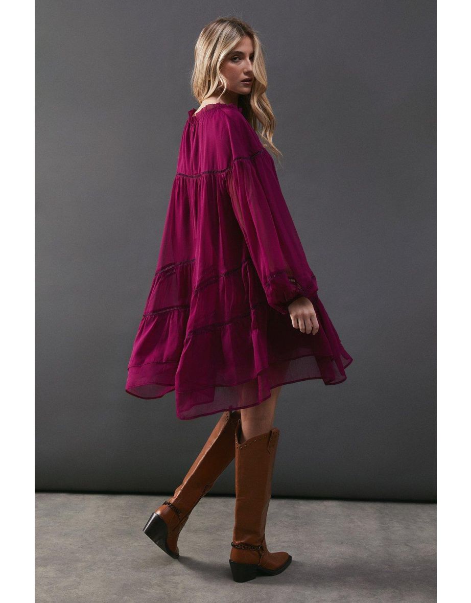 Chiffon Ladder Insert Ruffle Smock Mini Dress - 3