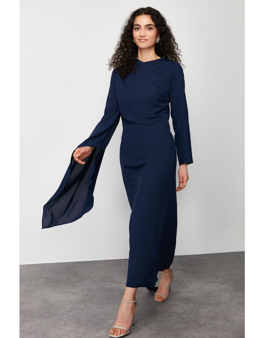 Navy Blue Shawl Detailed Evening Dress