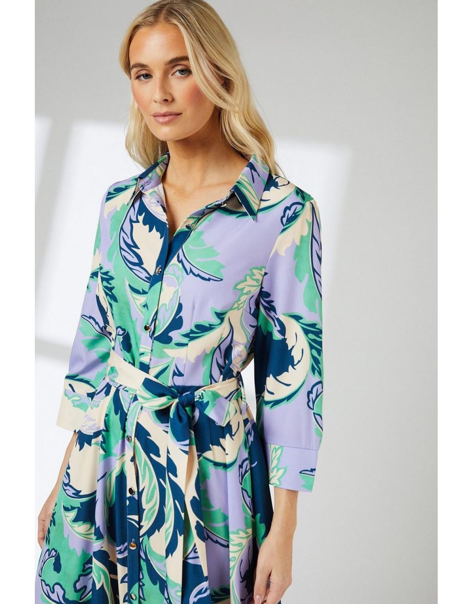 Green Leaf Print Belted Shirt Dress - 3
