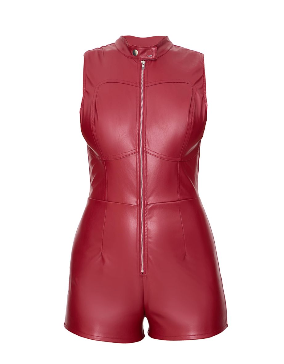 Burgundy Faux Leather Zip Up Sleeveless Playsuit - 4