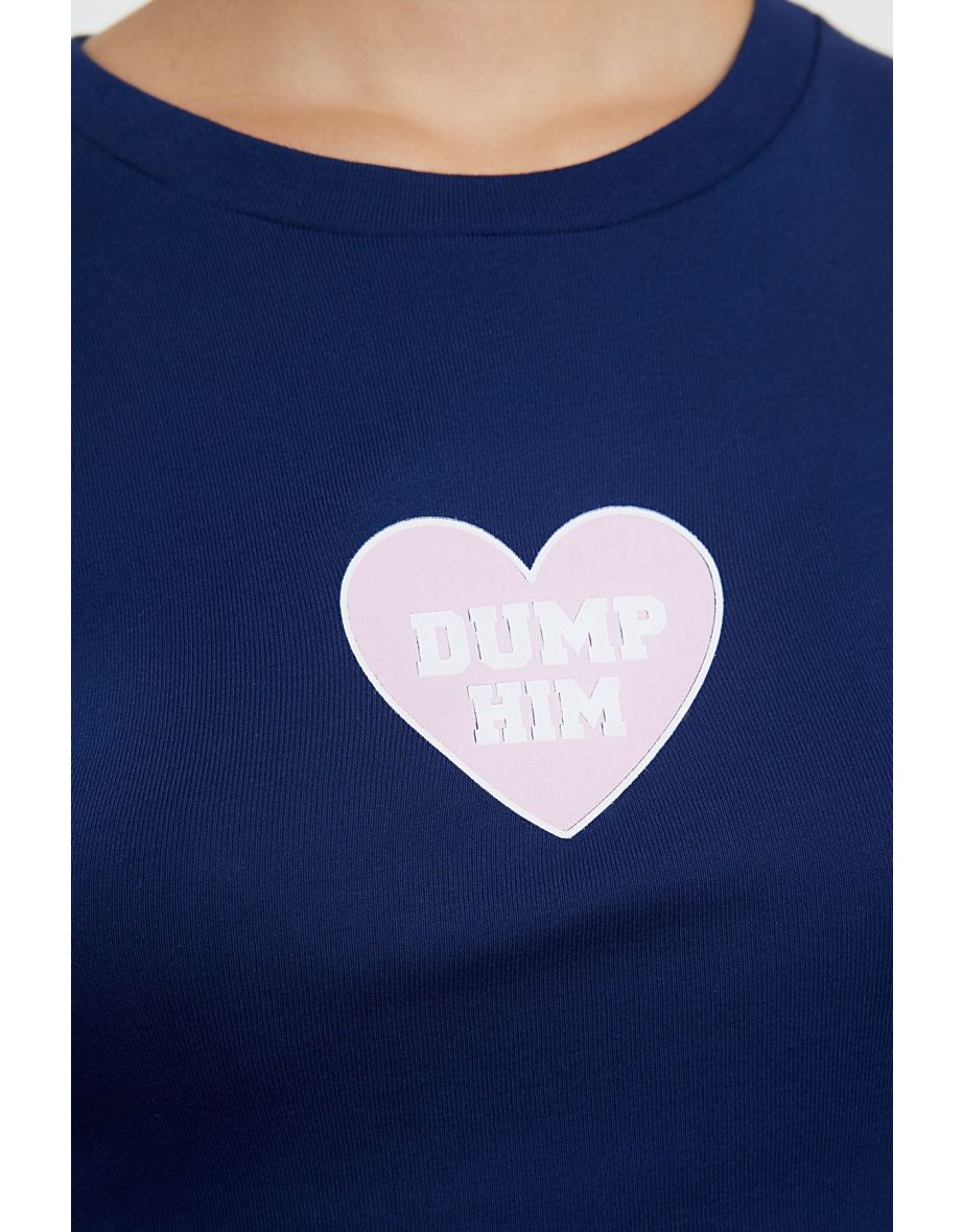 Navy Blue Slogan Printed Crop/Short Fitted/Closed Knitted Top - 4
