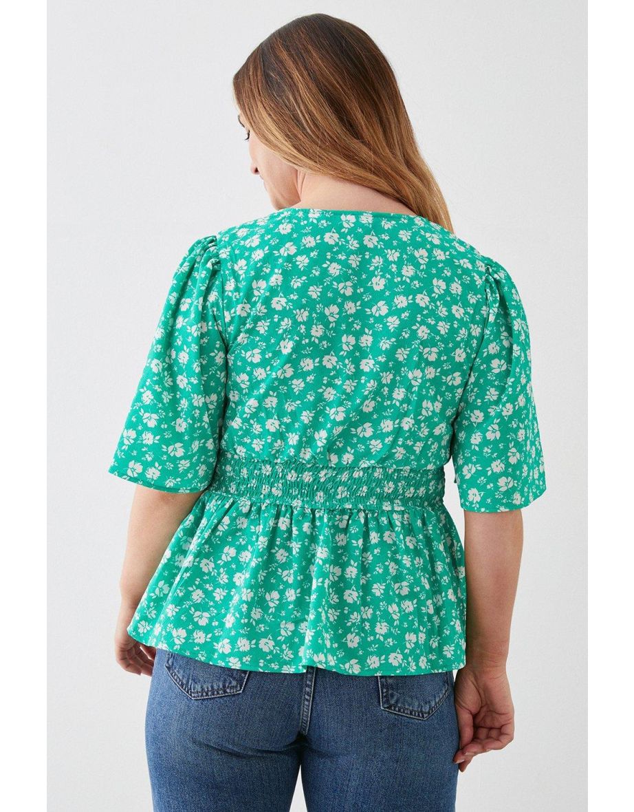 Green Ditsy Shirred Waist Tea Blouse - 2
