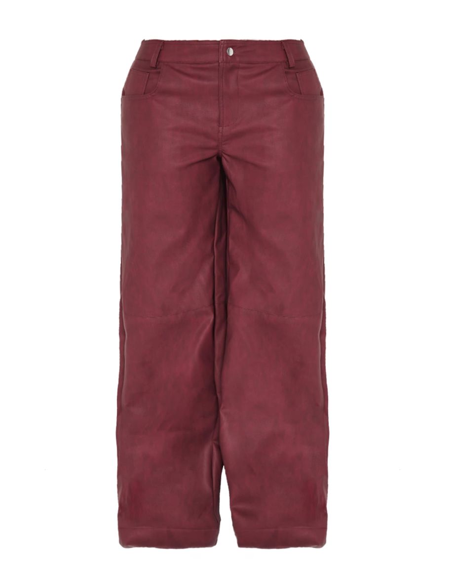 Shape Burgundy Washed Faux Leather Wide Leg Trousers - 4