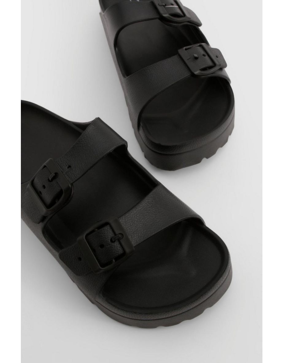 Double Buckle Flatform Sliders - black - 3