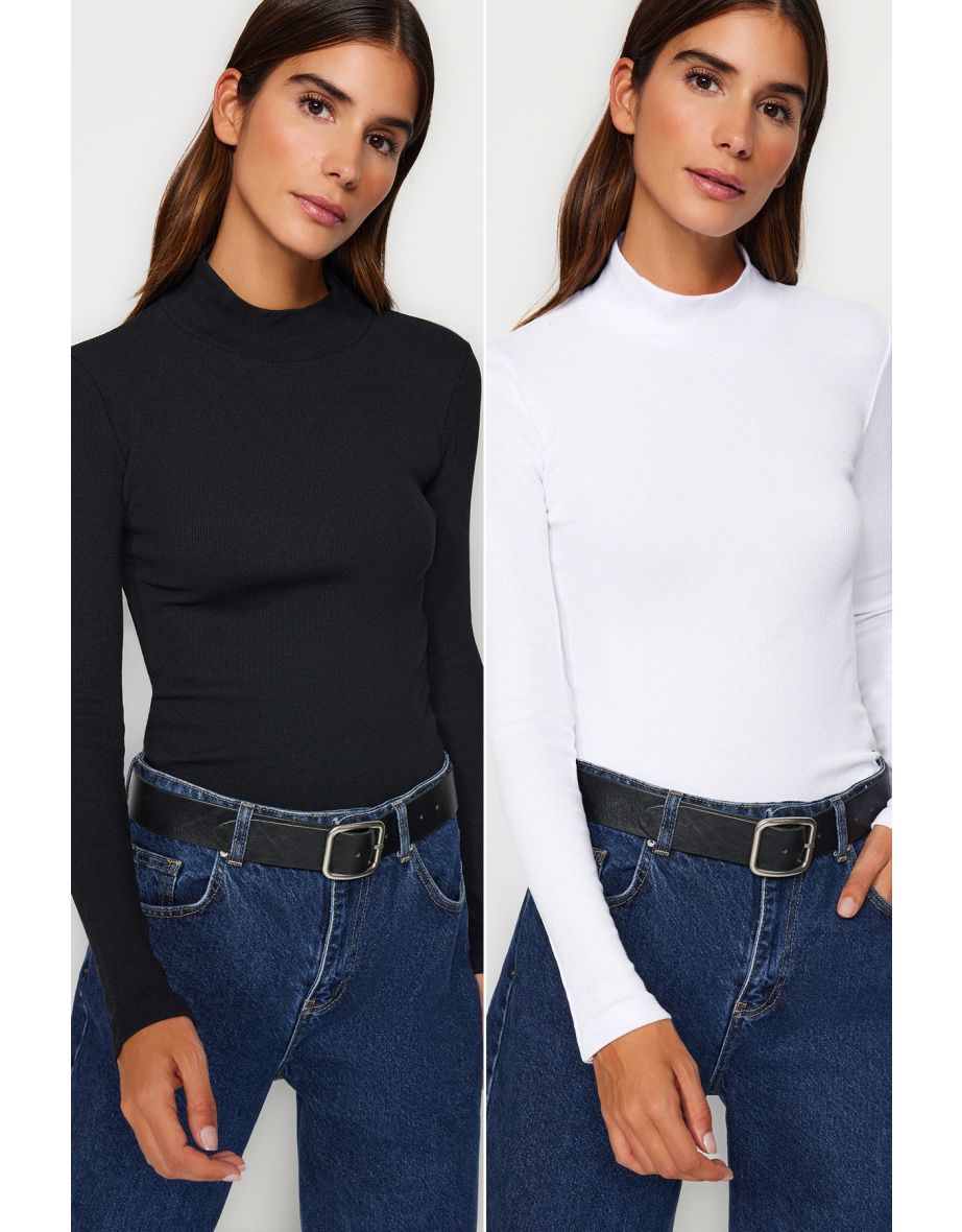 Black-White 2 Pack Ribbed Stand Collar Fitted Long Sleeve Stretchy Knitted Blouse