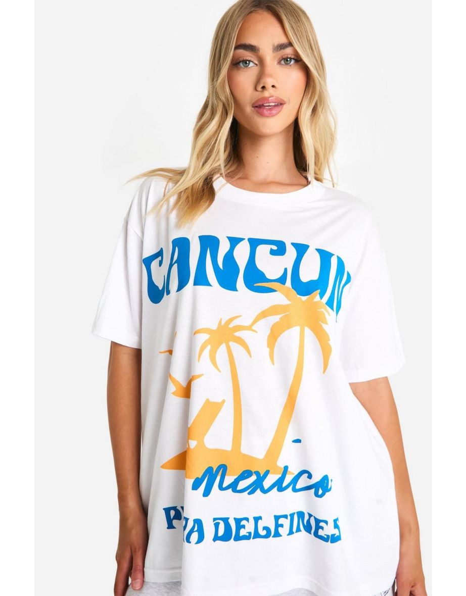 Cancun Mexico Slogan Printed Oversized T-shirt - white - 3