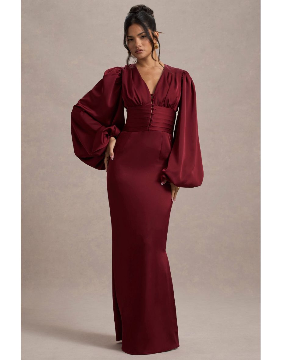 Helsinki | Berry Satin V-Neck Balloon Sleeve Maxi Dress