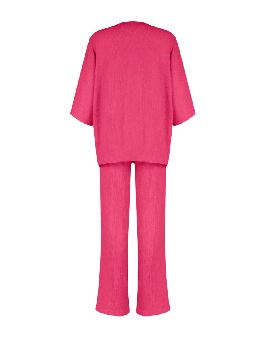 Pink Relaxed/Comfortable Cut Kimono Knitted Top and Bottom Set - 7
